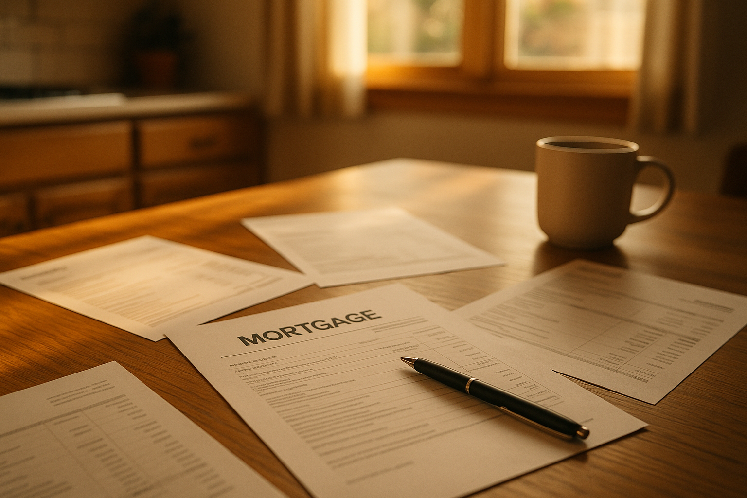 Mortgage paperwork on a kitchen table