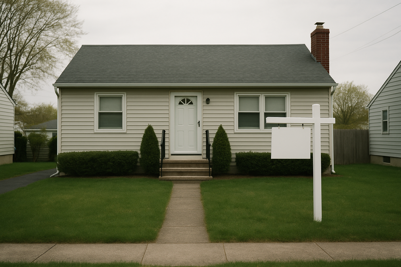 Long Island house with a sign post in the front lawn